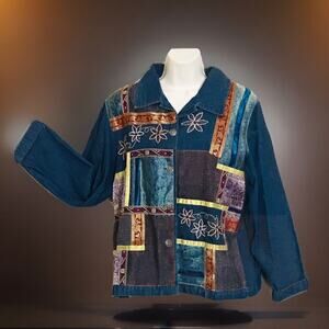 BFA CLASSICS Denim Shacket Women M Embroidered Patchwork Embellished Textile